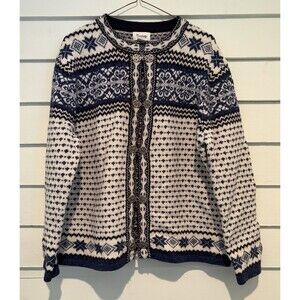Vintage Cambridge Dry Goods 100% Wool Sweater Metal Clasps Navy Nordic Fairisle